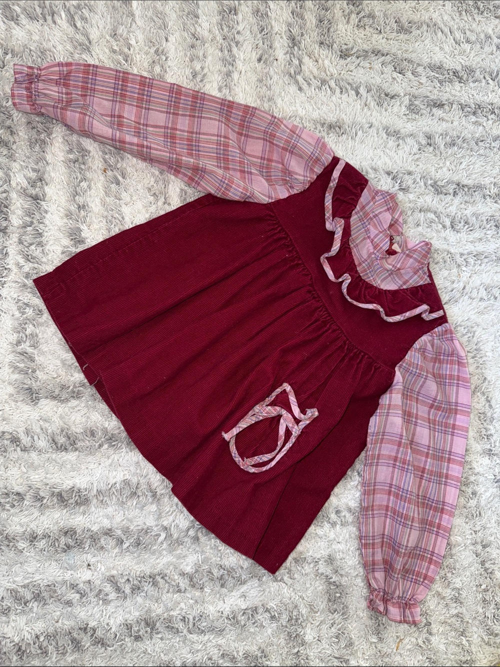 6-9 vintage Girls Burgundy Corduroy Dress with Pink Plaid Sleeves handmade